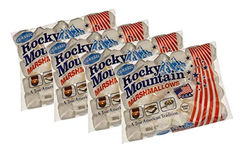 Rocky Mountain Marshmallows Classic 4x300g, dulces tradicionales americanos para asar en la hoguera, a la parrilla o al horno, 4x300g